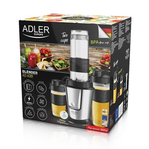 Adler Blender AD 4081 Tabletop, 800 W, Jar material BPA Free Plastic, Jar capacity 0.57 and 0.4 L, Ice crushing, Black/Stainless Adler Blender AD 4081 Tabletop, 800 W, Jar material BPA Free Plastic, Jar capacity 0.57 and 0.4 L, Ice crushing, Black/Stainless