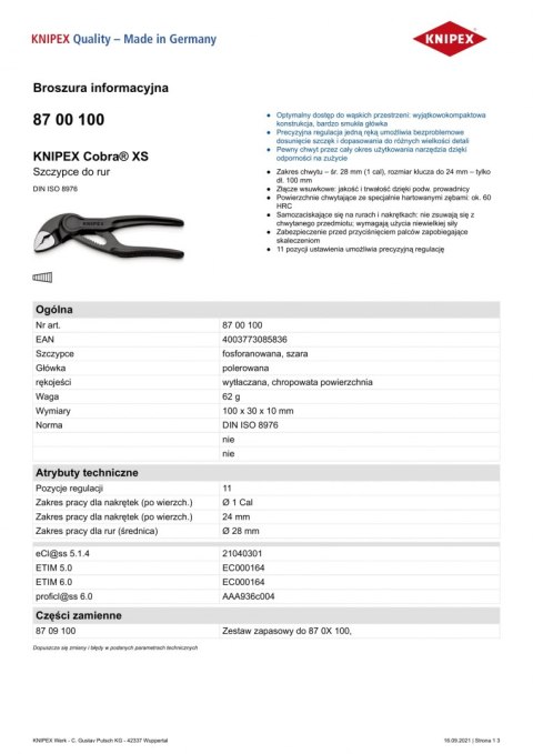 SZCZYPCE DO RUR COBRA 100MM SZCZYPCE DO RUR COBRA 100MM