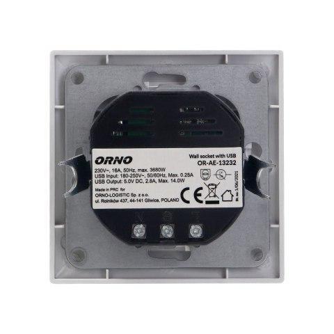 ORNO GNIAZDO POJEDYNCZE 2P+Z USB-A + USB-C WYJŚCIE ORNO GNIAZDO POJEDYNCZE 2P+Z USB-A + USB-C WYJŚCIE