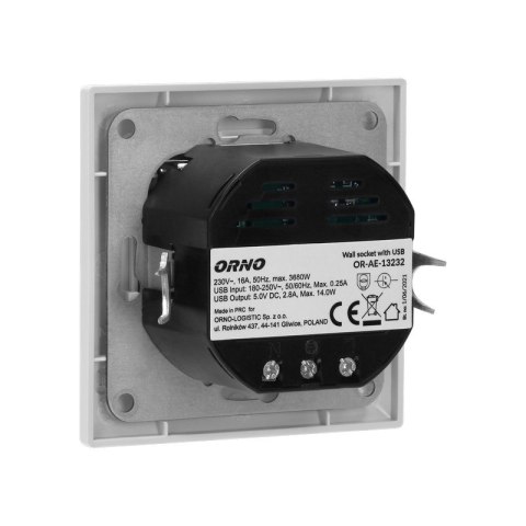 ORNO GNIAZDO POJEDYNCZE 2P+Z USB-A + USB-C WYJŚCIE ORNO GNIAZDO POJEDYNCZE 2P+Z USB-A + USB-C WYJŚCIE