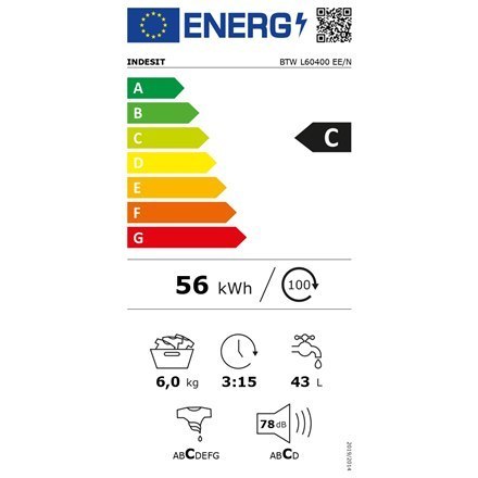 INDESIT Washing machine BTW L60400 EE/N Energy efficiency class C, Top loading, Washing capacity 6 kg, 951 RPM, Depth 60 cm, Wid INDESIT Washing machine BTW L60400 EE/N Energy efficiency class C, Top loading, Washing capacity 6 kg, 951 RPM, Depth 60 cm, Wid