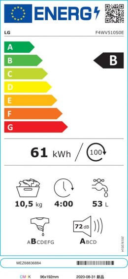 LG Washing machine F4WV510S0E Energy efficiency class E, Front loading, Washing capacity 10.5 kg, 1400 RPM, Depth 56 cm, Width 6