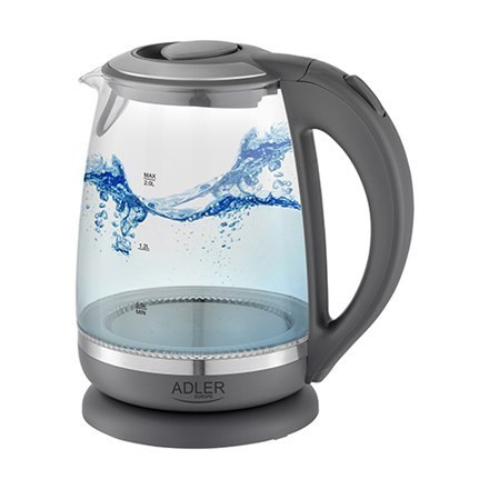 Adler Kettle AD 1286 Standard, 2200 W, 2 L, Plastic/ glass, Grey/ transparent, 360? rotational base