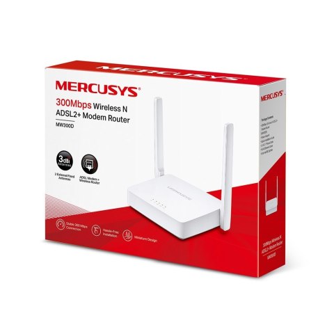 Mercusys Wireless N ADSL2+ Modem Router MW300D 802.11n, 300 Mbit/s, 10/100 Mbit/s, Ethernet LAN (RJ-45) porty 3, Typ anteny 2×Ze