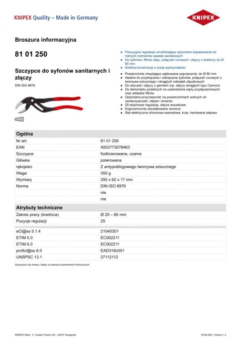 SZCZYPCE DO SYFONÓW SANITARNYCH I ZŁĄCZY 250MM, 25-80MM SZCZYPCE DO SYFONÓW SANITARNYCH I ZŁĄCZY 250MM, 25-80MM