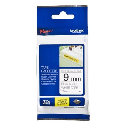 Brother TZe-S221 Mocno przylegająca taśma laminowana czarno na białym, TZe, 8 m, 9 mm Brother TZe-S221 Mocno przylegająca taśma laminowana czarno na białym, TZe, 8 m, 9 mm