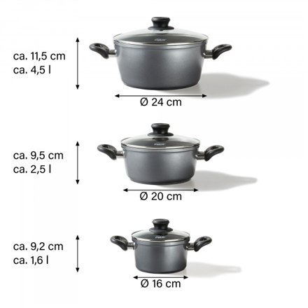 Stoneline 3-częściowy zestaw garnków ze szklanymi pokrywkami 6932 1,5+2,5+4,5 l, 16/20/24 cm, aluminium, antracyt Stoneline 3-częściowy zestaw garnków ze szklanymi pokrywkami 6932 1,5+2,5+4,5 l, 16/20/24 cm, aluminium, antracyt