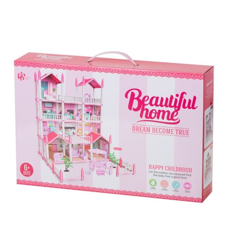 Domek dla lalek willa różowa DIY 4 poziomy mebelki Domek dla lalek willa różowa DIY 4 poziomy mebelki