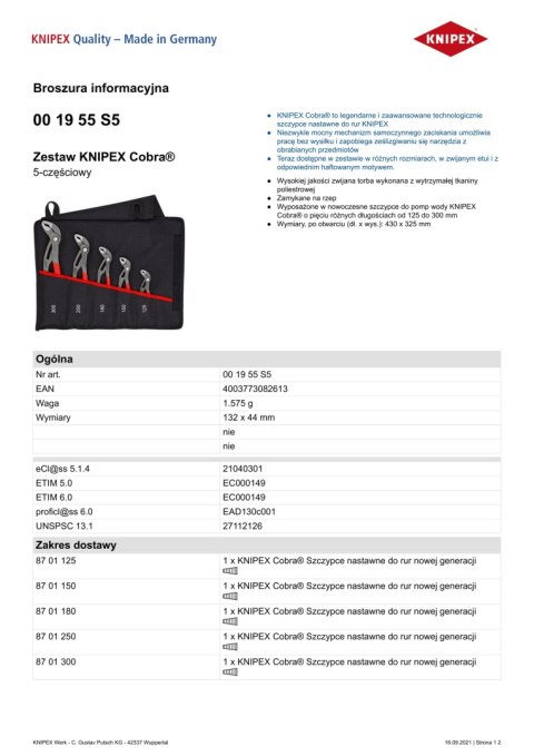 ZESTAW SZCZYPIEC DO RUR W ETUI 5-CZĘŚCIOWY