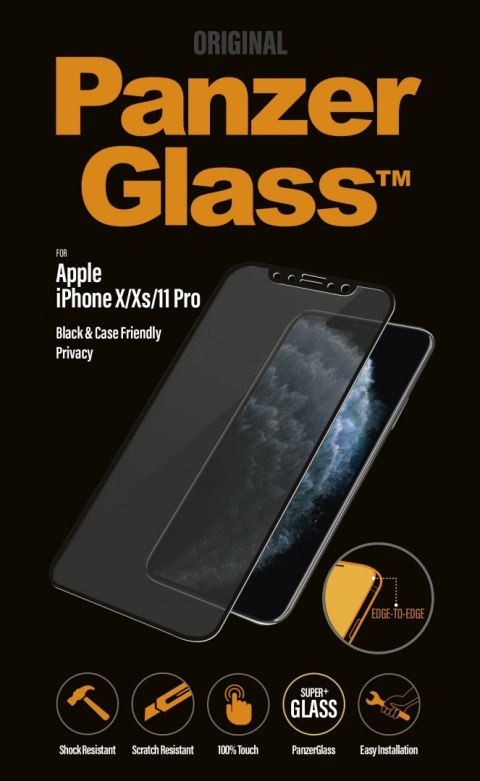 PanzerGlass P2664 Apple, iPhone X/Xs/11 Pro, szkło hartowane, czarne, przyjazne dla etui z filtrem prywatności PanzerGlass P2664 Apple, iPhone X/Xs/11 Pro, szkło hartowane, czarne, przyjazne dla etui z filtrem prywatności