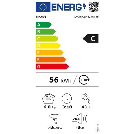 INDESIT Pralka MTWSE 61294 WK EE Klasa efektywności energetycznej C, ładowanie od przodu, pojemność prania 6 kg, 1151 obr./min, INDESIT Pralka MTWSE 61294 WK EE Klasa efektywności energetycznej C, ładowanie od przodu, pojemność prania 6 kg, 1151 obr./min,