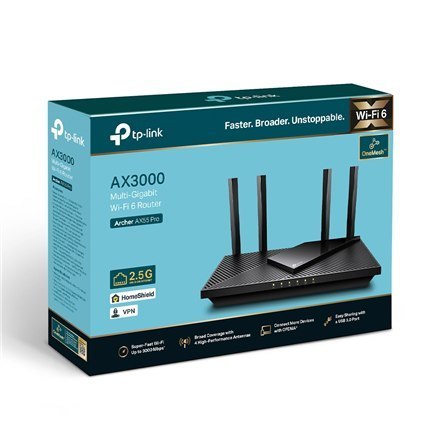 TP-LINK AX3000 Dual Band Gigabit Wi-Fi 6 Router Archer AX55 Pro 802.11ax, 574+2402 Mbit/s, 10/100/1000 Mbit/s, Ethernet LAN (RJ- TP-LINK AX3000 Dual Band Gigabit Wi-Fi 6 Router Archer AX55 Pro 802.11ax, 574+2402 Mbit/s, 10/100/1000 Mbit/s, Ethernet LAN (RJ-