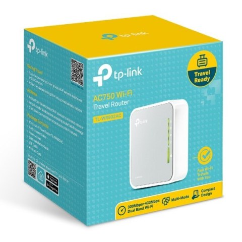 TP-LINK Router TL-WR902AC 802.11ac, 300+433 Mbit/s, 10/100 Mbit/s, Ethernet LAN (RJ-45) ports 1, Antenna type 3xInternal, 1x USB TP-LINK Router TL-WR902AC 802.11ac, 300+433 Mbit/s, 10/100 Mbit/s, Ethernet LAN (RJ-45) ports 1, Antenna type 3xInternal, 1x USB