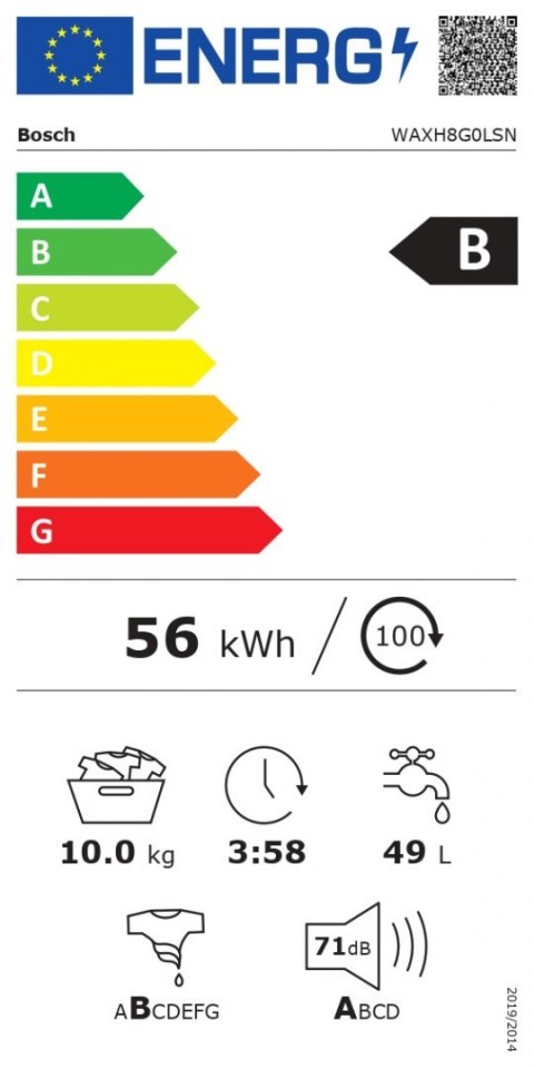 Bosch Washing Mashine WAXH8E0LSN Energy efficiency class B, Front loading, Washing capacity 10 kg, 1400 RPM, Depth 59 cm, Width Bosch Washing Mashine WAXH8E0LSN Energy efficiency class B, Front loading, Washing capacity 10 kg, 1400 RPM, Depth 59 cm, Width