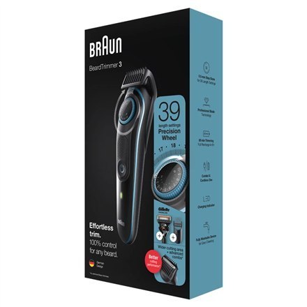 Braun Beard Trimmer BT3340 Bezprzewodowy i przewodowy, Czas pracy (max) 80 min, Ilość stopni długości 39, NiMH, Czarny/Niebieski Braun Beard Trimmer BT3340 Bezprzewodowy i przewodowy, Czas pracy (max) 80 min, Ilość stopni długości 39, NiMH, Czarny/Niebieski