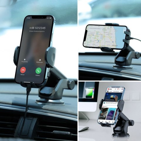 Samochodowy uchwyt na telefon z teleskopowym ramieniem na deskę rozdzielczą i szybę czarny Samochodowy uchwyt na telefon z teleskopowym ramieniem na deskę rozdzielczą i szybę czarny