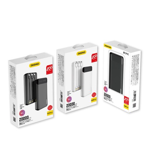 Pojemny powerbank 20000mAh z 3 wbudowanymi kablami USB-C microUSB Lightning czarny Pojemny powerbank 20000mAh z 3 wbudowanymi kablami USB-C microUSB Lightning czarny