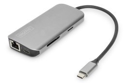 Uniwersalna stacja dokująca Digitus USB-C, 8-portowa stacja dokująca USB-C, 2xUSB3.0, 1xRJ45, 2xHDMI, 1xPD, 1xMicro SD, 1xSD