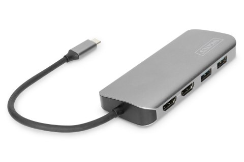 Uniwersalna stacja dokująca Digitus USB-C, 8-portowa stacja dokująca USB-C, 2xUSB3.0, 1xRJ45, 2xHDMI, 1xPD, 1xMicro SD, 1xSD Uniwersalna stacja dokująca Digitus USB-C, 8-portowa stacja dokująca USB-C, 2xUSB3.0, 1xRJ45, 2xHDMI, 1xPD, 1xMicro SD, 1xSD