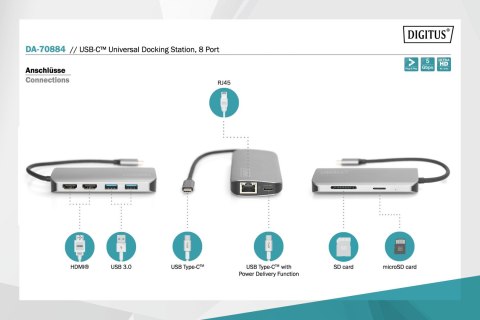 Uniwersalna stacja dokująca Digitus USB-C, 8-portowa stacja dokująca USB-C, 2xUSB3.0, 1xRJ45, 2xHDMI, 1xPD, 1xMicro SD, 1xSD Uniwersalna stacja dokująca Digitus USB-C, 8-portowa stacja dokująca USB-C, 2xUSB3.0, 1xRJ45, 2xHDMI, 1xPD, 1xMicro SD, 1xSD