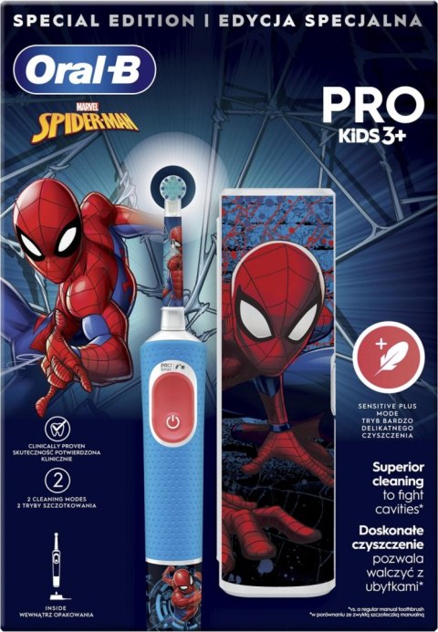 Elektryczna szczoteczka do zębów Oral-B Vitality PRO Kids Spiderman z etui podróżnym, niebieska Elektryczna szczoteczka do zębów Oral-B Vitality PRO Kids Spiderman z etui podróżnym, niebieska