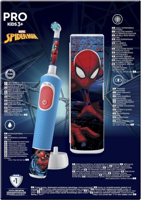 Elektryczna szczoteczka do zębów Oral-B Vitality PRO Kids Spiderman z etui podróżnym, niebieska Elektryczna szczoteczka do zębów Oral-B Vitality PRO Kids Spiderman z etui podróżnym, niebieska