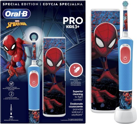 Elektryczna szczoteczka do zębów Oral-B Vitality PRO Kids Spiderman z etui podróżnym, niebieska Elektryczna szczoteczka do zębów Oral-B Vitality PRO Kids Spiderman z etui podróżnym, niebieska