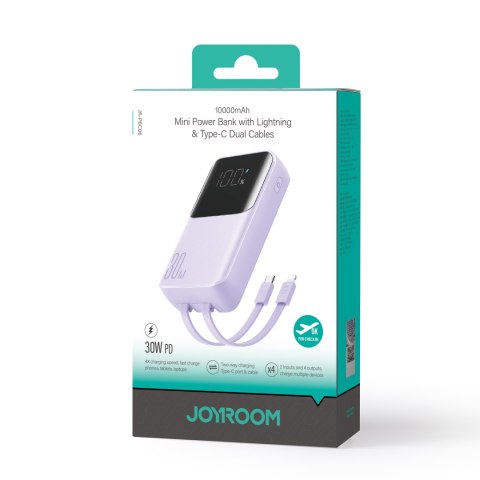 Powerbank 30W 10000mAh z wbudowanymi kablami iPhone Lightning i USB-C fioletowy Powerbank 30W 10000mAh z wbudowanymi kablami iPhone Lightning i USB-C fioletowy