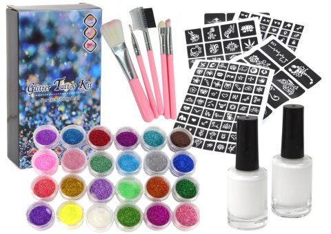 Zestaw do Tatuażu Brokaty Matowy Puder 2 Kleje Pędzelki 187 Wzorów Zestaw do Tatuażu Brokaty Matowy Puder 2 Kleje Pędzelki 187 Wzorów