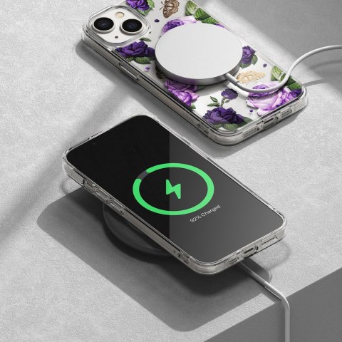 Pancerne etui pokrowiec z żelową ramką iPhone 14 Plus Fusion Design Purple Rose przezroczysty Pancerne etui pokrowiec z żelową ramką iPhone 14 Plus Fusion Design Purple Rose przezroczysty