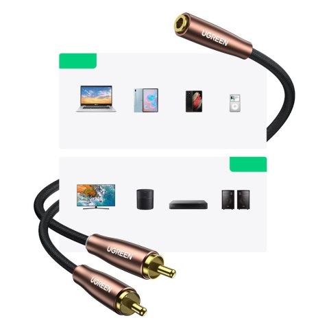 Przejściówka kabel przewód audio 3.5mm mini jack żeński - 2x RCA męski 2m brązowy Przejściówka kabel przewód audio 3.5mm mini jack żeński - 2x RCA męski 2m brązowy