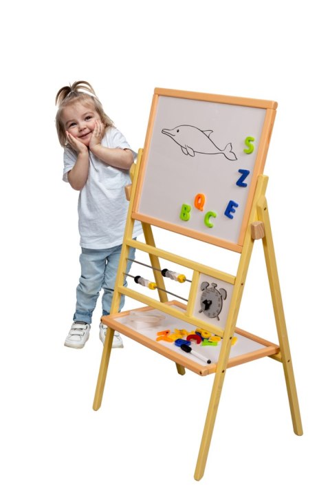 Tablica suchościeralna kredowa dwustronna z liczydłami zegarkiem półką brzoskwiniowa 30 x 56 x 90 cm Tablica suchościeralna kredowa dwustronna z liczydłami zegarkiem półką brzoskwiniowa 30 x 56 x 90 cm