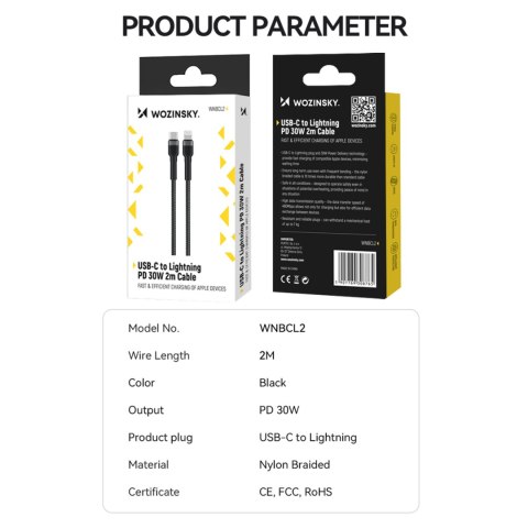 Kabel przewód do iPhone USB-C - Lightning PD 30W 2m czarny Kabel przewód do iPhone USB-C - Lightning PD 30W 2m czarny