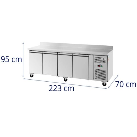 Stół chłodniczy gastronomiczny z rantem na kółkach 4 komory 550 l 223x70x95 cm Stół chłodniczy gastronomiczny z rantem na kółkach 4 komory 550 l 223x70x95 cm
