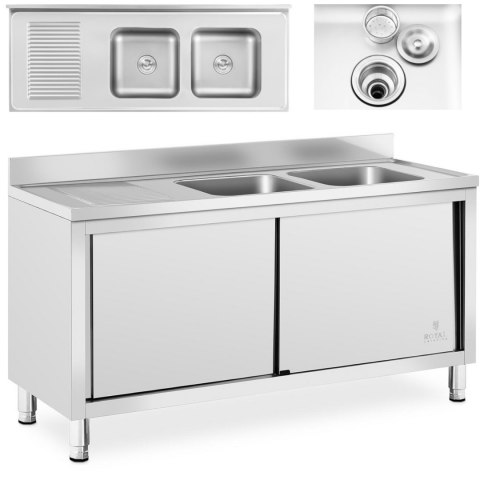 Zlew basen gastronomiczny dwukomorowy z szafką z drzwiami przesuwnymi 160 x 60 x 95 cm Zlew basen gastronomiczny dwukomorowy z szafką z drzwiami przesuwnymi 160 x 60 x 95 cm