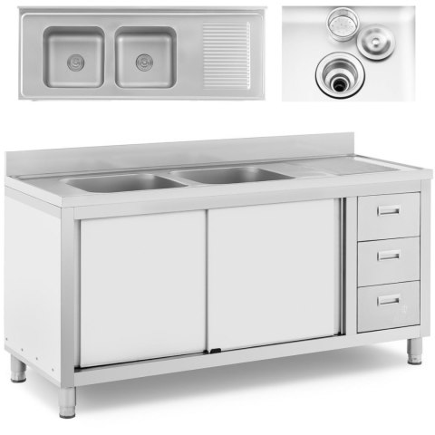 Zlew basen gastronomiczny dwukomorowy z szafką z drzwiami przesuwnymi szufladami stalowy 160 x 60 x 95 cm Zlew basen gastronomiczny dwukomorowy z szafką z drzwiami przesuwnymi szufladami stalowy 160 x 60 x 95 cm