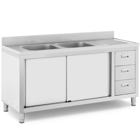 Zlew basen gastronomiczny dwukomorowy z szafką z drzwiami przesuwnymi szufladami stalowy 160 x 60 x 95 cm Zlew basen gastronomiczny dwukomorowy z szafką z drzwiami przesuwnymi szufladami stalowy 160 x 60 x 95 cm