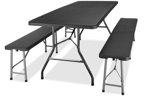 Zestaw cateringowy Rattan czarny stół 180 cm+ 2 ławki Zestaw cateringowy Rattan czarny stół 180 cm+ 2 ławki