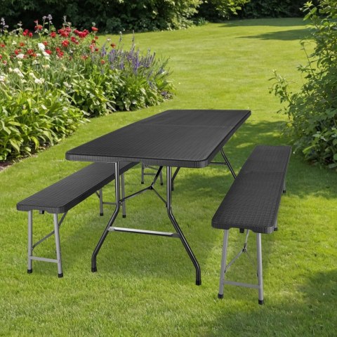 Zestaw cateringowy Rattan czarny stół 180 cm+ 2 ławki Zestaw cateringowy Rattan czarny stół 180 cm+ 2 ławki