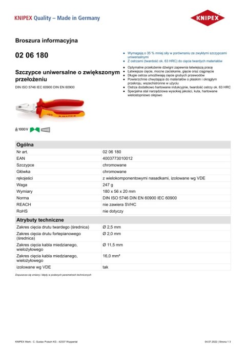 SZCZYPCE UNIWERSALNE 180MM O ZWIĘKSZONYM PRZEŁOŻENIU SZCZYPCE UNIWERSALNE 180MM O ZWIĘKSZONYM PRZEŁOŻENIU