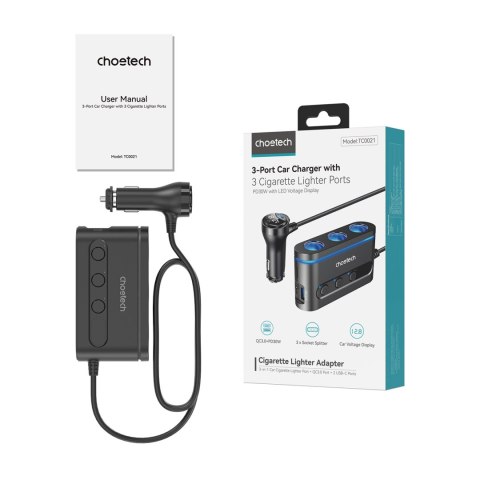 Ładowarka samochodowa + 3x gniazdo zapalniczki 2x USB-C PD 1x USB-A QC - czarna Ładowarka samochodowa + 3x gniazdo zapalniczki 2x USB-C PD 1x USB-A QC - czarna