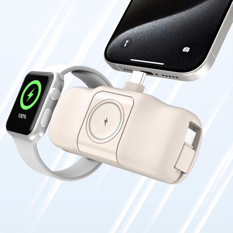 Mini powerbank 5000mAh 15W USB-C i ładowarką do Apple Watch - beżowy Mini powerbank 5000mAh 15W USB-C i ładowarką do Apple Watch - beżowy