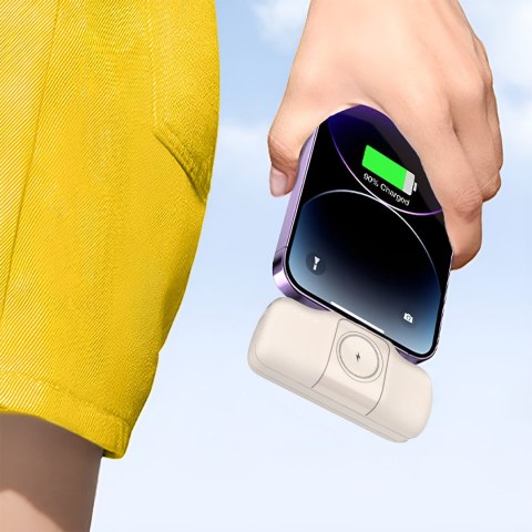 Mini powerbank 5000mAh 15W USB-C i ładowarką do Apple Watch - beżowy Mini powerbank 5000mAh 15W USB-C i ładowarką do Apple Watch - beżowy