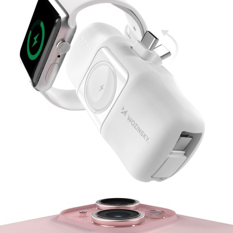 Mini powerbank 5000mAh 15W USB-C i ładowarką do Apple Watch - biały Mini powerbank 5000mAh 15W USB-C i ładowarką do Apple Watch - biały