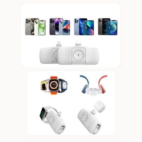 Mini powerbank 5000mAh 15W USB-C i ładowarką do Apple Watch - biały Mini powerbank 5000mAh 15W USB-C i ładowarką do Apple Watch - biały