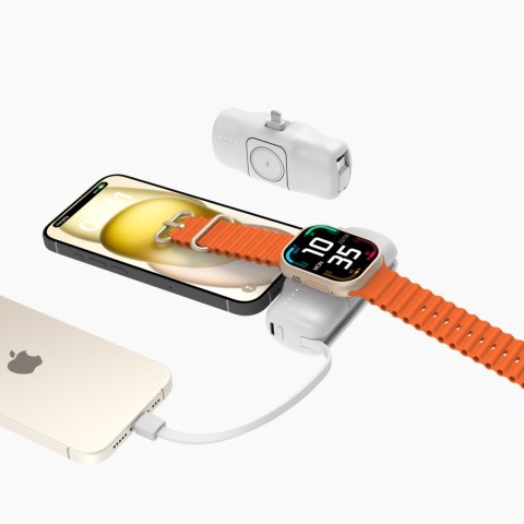 Mini powerbank 5000mAh 15W iPhone Lightning i ładowarką do Apple Watch - biały Mini powerbank 5000mAh 15W iPhone Lightning i ładowarką do Apple Watch - biały