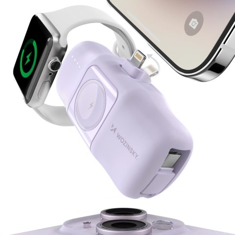 Mini powerbank 5000mAh 15W iPhone Lightning i ładowarką do Apple Watch - fioletowy Mini powerbank 5000mAh 15W iPhone Lightning i ładowarką do Apple Watch - fioletowy