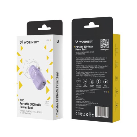 Mini powerbank 5000mAh 15W iPhone Lightning i ładowarką do Apple Watch - fioletowy Mini powerbank 5000mAh 15W iPhone Lightning i ładowarką do Apple Watch - fioletowy