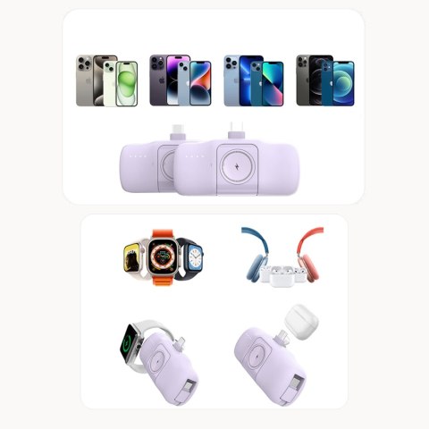 Mini powerbank 5000mAh 15W iPhone Lightning i ładowarką do Apple Watch - fioletowy Mini powerbank 5000mAh 15W iPhone Lightning i ładowarką do Apple Watch - fioletowy