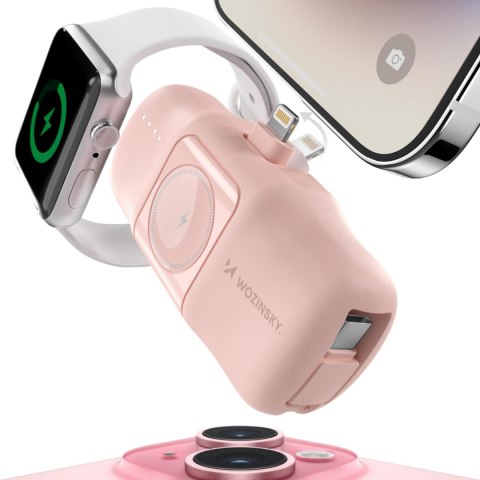 Mini powerbank 5000mAh 15W iPhone Lightning i ładowarką do Apple Watch - różowy Mini powerbank 5000mAh 15W iPhone Lightning i ładowarką do Apple Watch - różowy